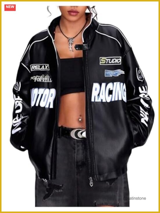 Jackets & Blazers - Faux Leather Racer Jacket Y2k Graphic Streetwear Oversized Coat